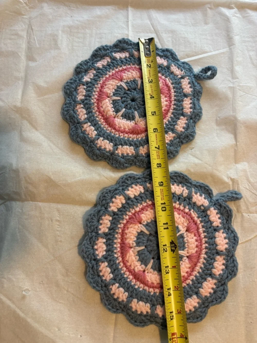 Handmade Crochet Round Pot Holders in Blue, Pink & Cream